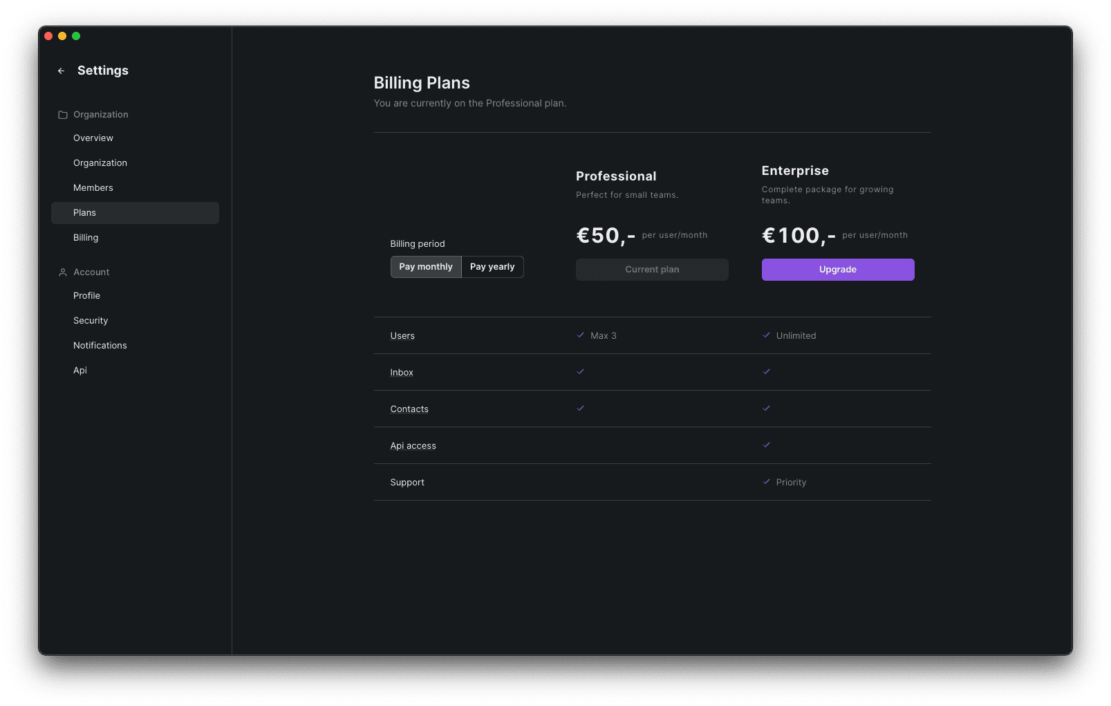 Image showing the Saas UI billing settings